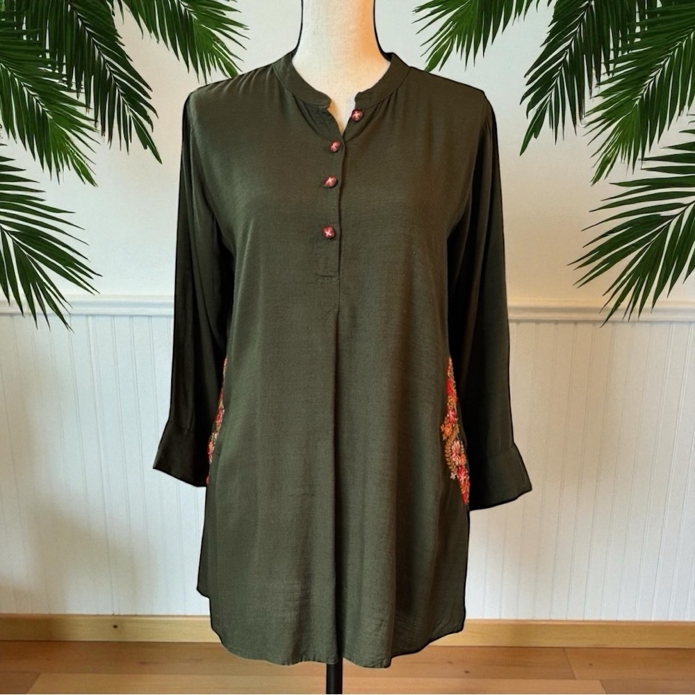 SAACHI Olive Green Embroidered Tunic Top – 2XL – Boho Floral, Pockets